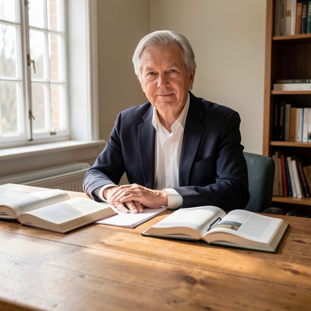 Eleanor Whitfield, senior editor at Reslona Dispatch, photographed at a wooden desk with natural side lighting and open reference books