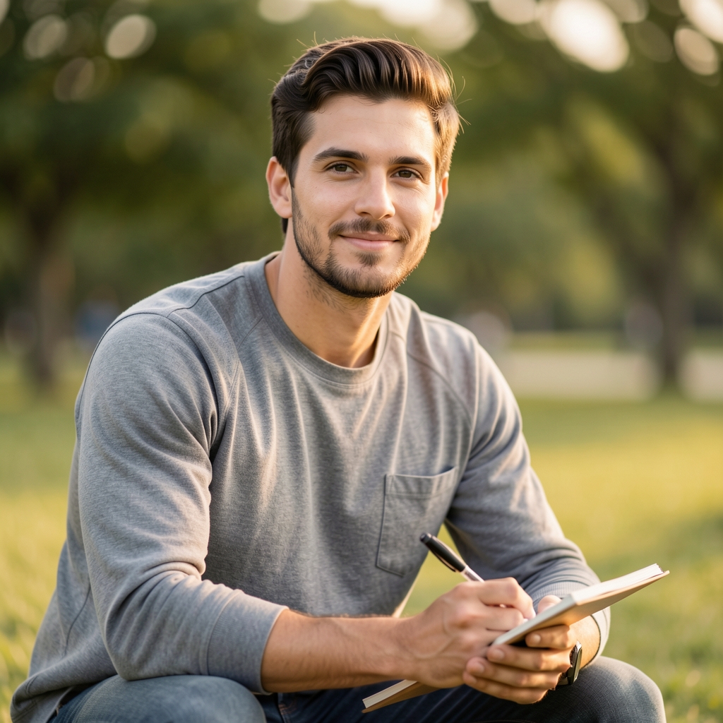 Tobias Marsden, contributing writer, seated outdoors in soft natural light with a notebook, wearing casual clothing appropriate for an active wellness coach