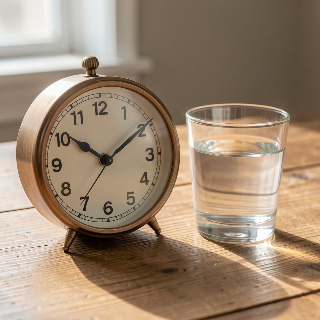 Close-up of an analogue clock on a wooden surface beside a glass of water and a meal plate, natural daylight from a window