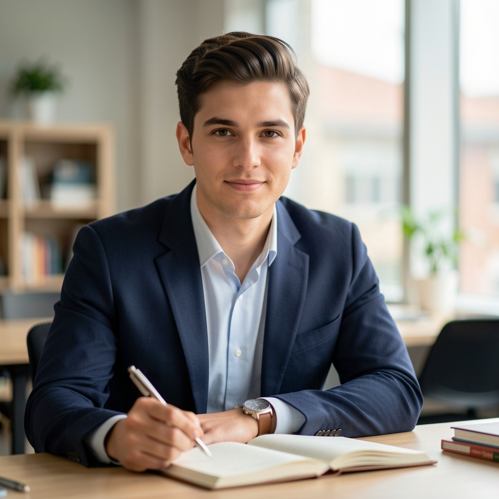 Editorial portrait of Tobias Marsden, contributing writer at Reslona Dispatch, photographed in a softly lit workspace with a notebook in the foreground