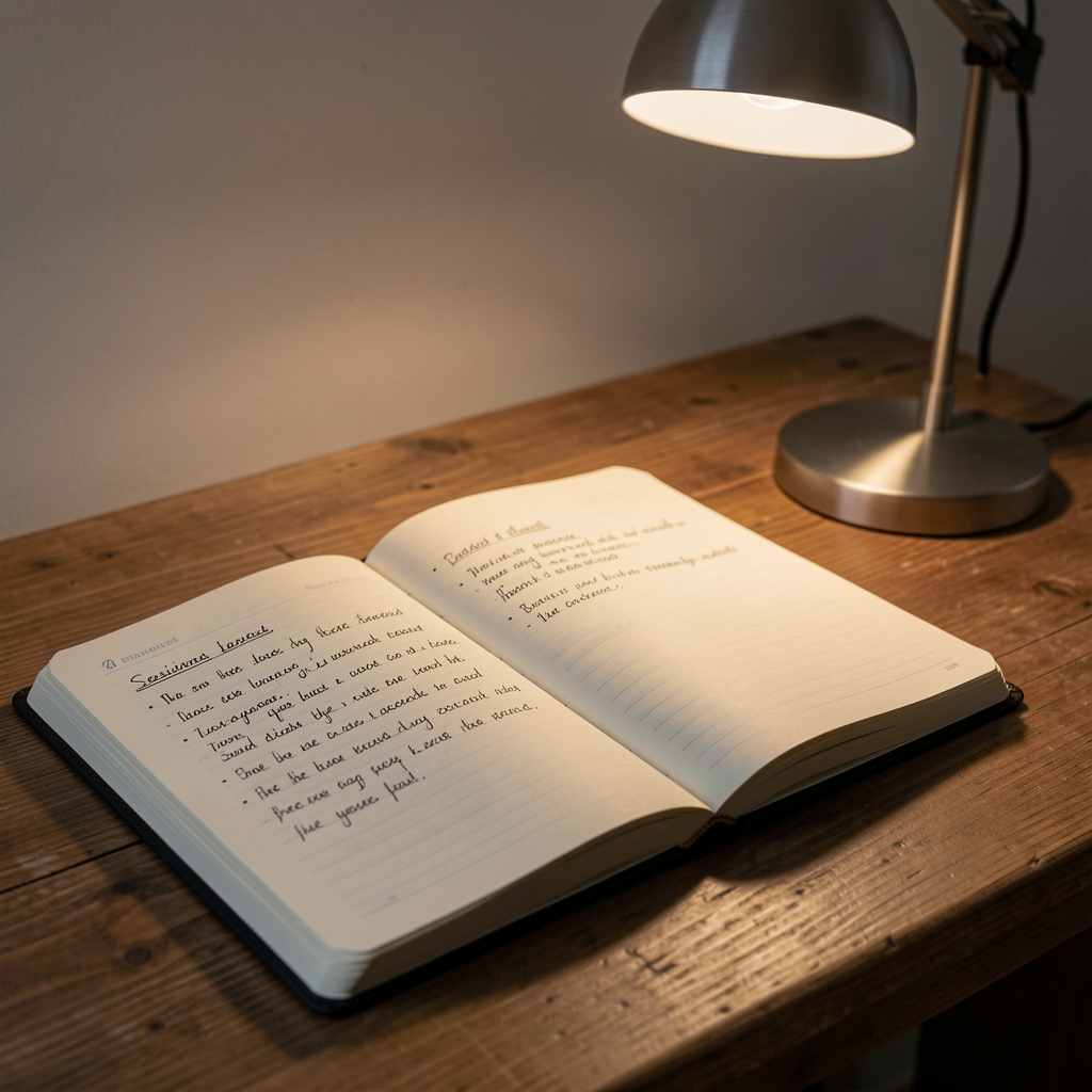 Notebook open on a wooden desk with handwritten session notes, dim desk lamp in background, quiet working environment